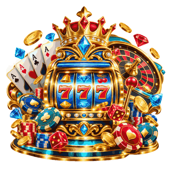 Online pokies software providers illustration featuring a luxury slot machine, roulette wheel, playing cards and casino chips.
