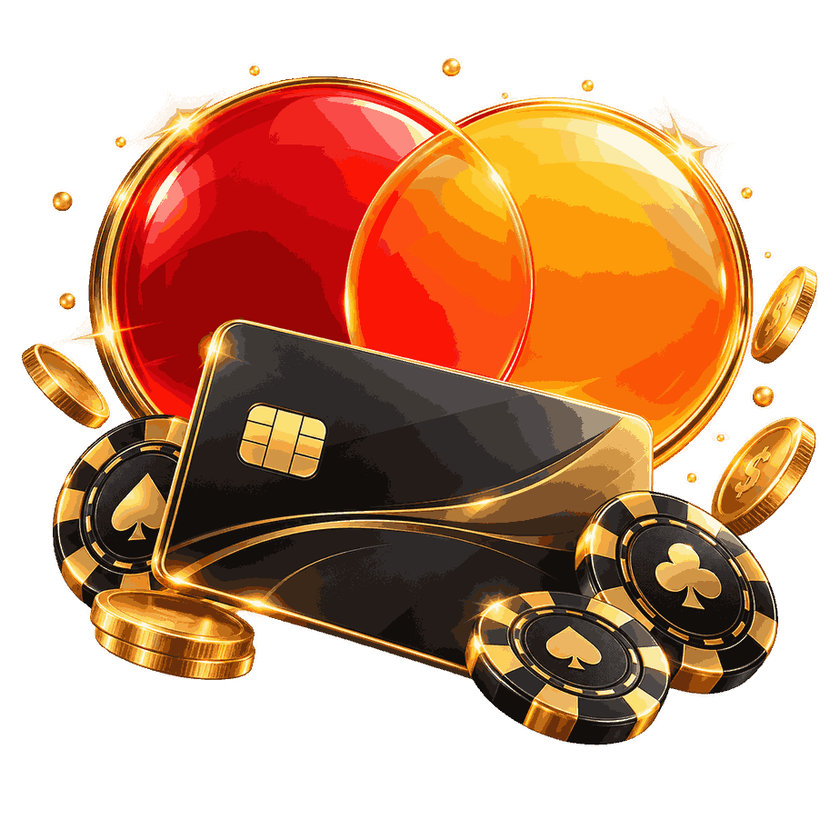 Black bank card with red and orange circles, gold coins and poker chips