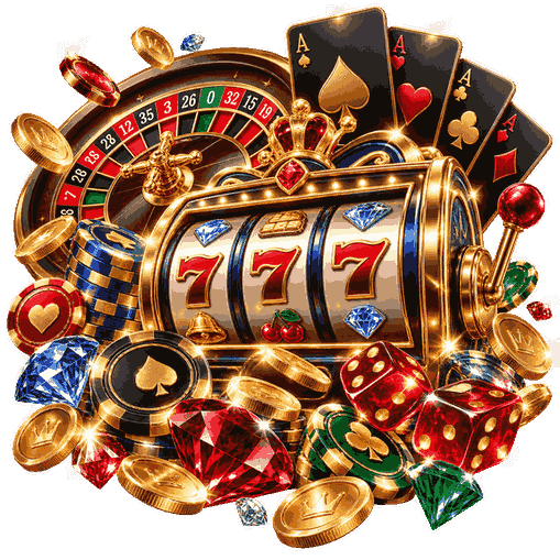 Online casino games illustration featuring a luxury slot machine, roulette wheel, playing cards, poker chips and golden dice.