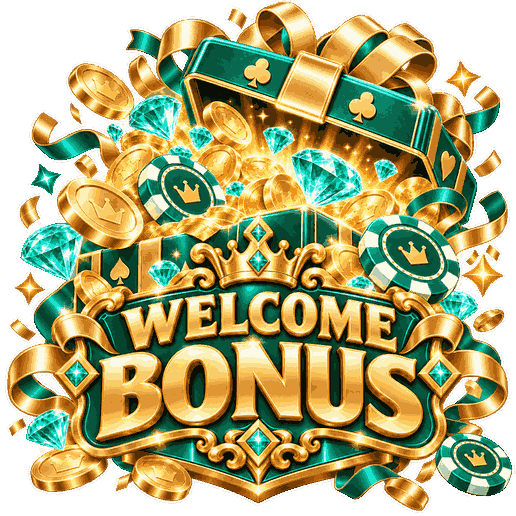 Welcome casino bonus gift box with gold coins, emerald green decorations, turquoise diamonds and poker chips.