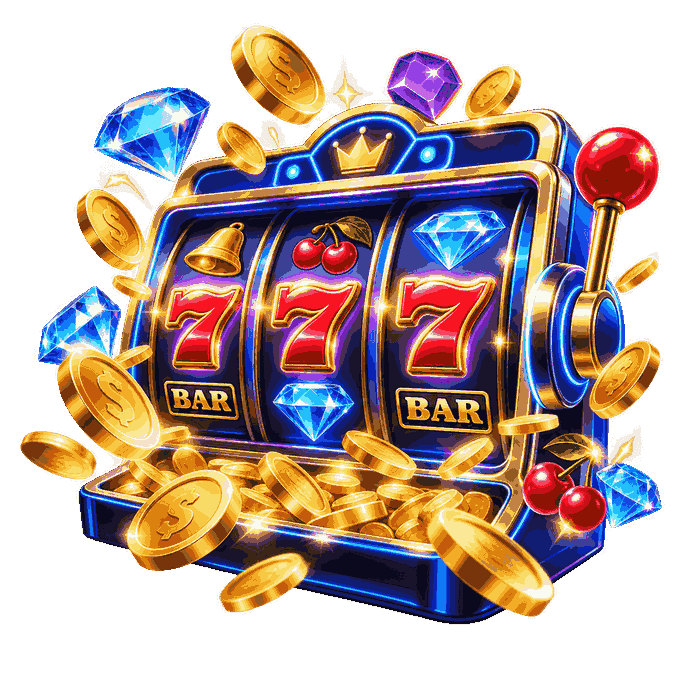 Smartphone showing 777 slot reels with gold coins and sparkling gems