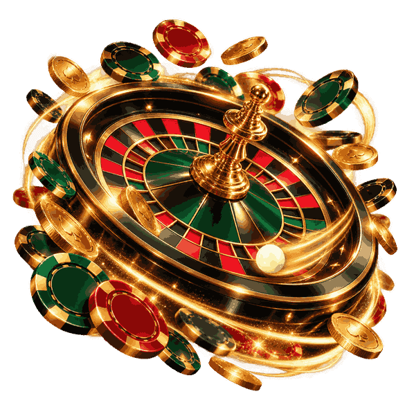 Luxury online roulette wheel with a golden spindle, red and black pockets, white ball and colorful casino chips.