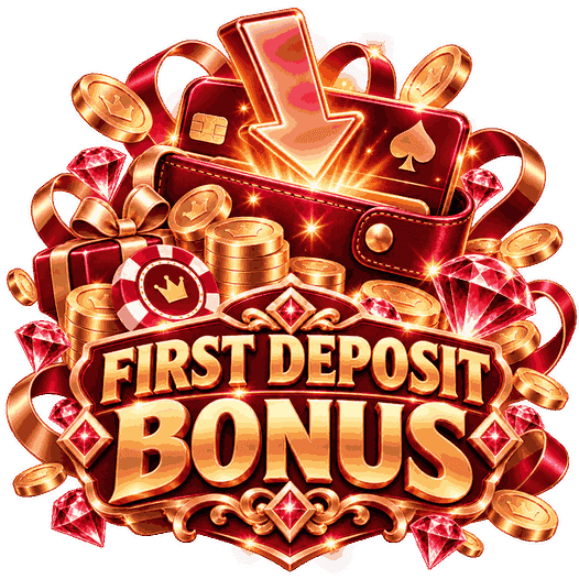 First deposit casino bonus illustration with a red wallet, bank card, golden deposit arrow, coins and red gemstones