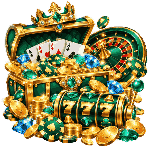 1000 free spins casino bonus illustration with an emerald treasure chest, 777 slot machine, roulette wheel, playing cards and gold coins.