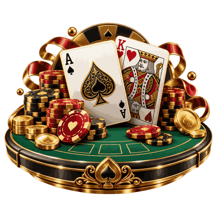 Online blackjack casino game illustration with an ace of spades, king of hearts, green gaming table and poker chips.