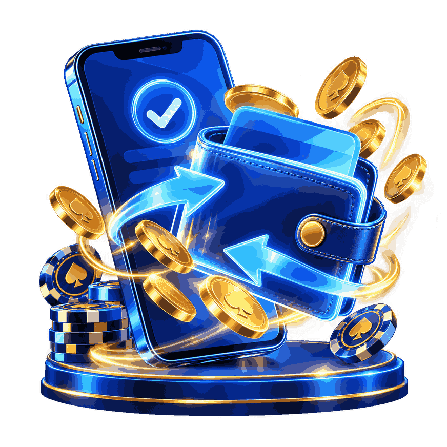 PayPal-style digital wallet and smartphone with payment confirmation, transfer arrows, gold coins and casino chips.