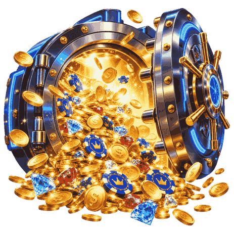Open jackpot vault overflowing with gold coins, casino chips and sparkling gemstones.