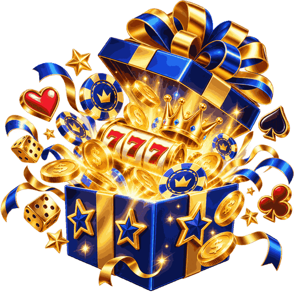 Casino bonus gift box bursting with gold coins, casino chips, lucky 777 symbols and rewards.