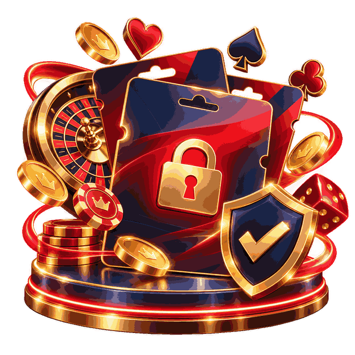 Paysafecard-style prepaid casino payment cards with a security lock, protective shield, gold coins and casino chips.