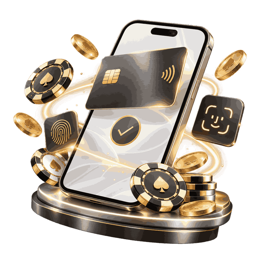 Apple Pay-style contactless casino payment with a smartphone, digital bank card, biometric authentication and gold coins.
