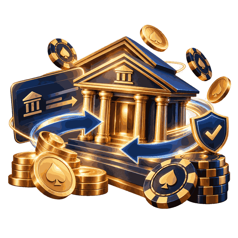 Bank transfer casino payment illustration with a golden bank building, money transfer arrows, coins and poker chips.