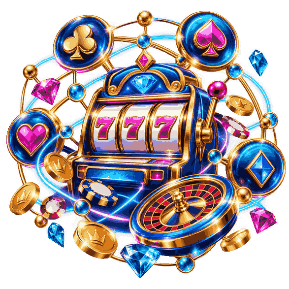 NetEnt casino slots illustration featuring a neon blue slot machine, pink 777 symbols, roulette wheel and colorful gems