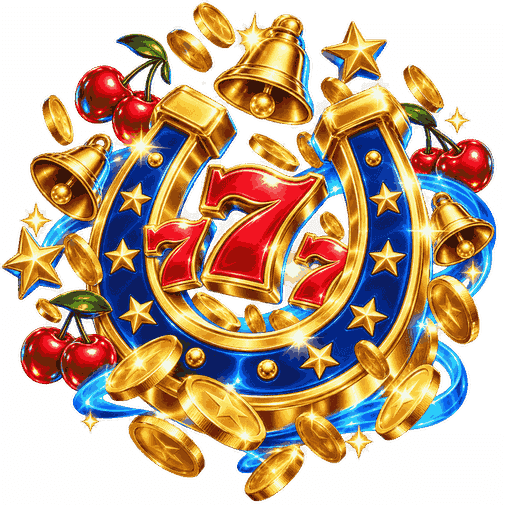 Lucky casino horseshoe featuring red 777 symbols, golden bells, cherries and flying gold coins.