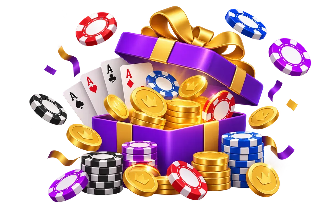 Gift box with gold coins, colourful poker chips and sparkling diamonds