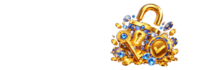 Open golden padlock with a key and a gold checkmark badge, surrounded by gold coins, casino chips and blue gems