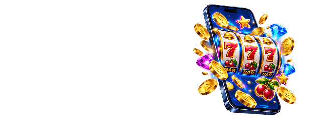 Smartphone screen showing 777 slot reels surrounded by gold coins, cherries and blue gems