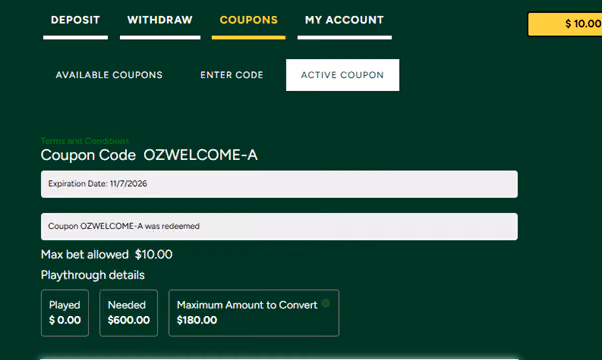 Ozwin Casino free chip coupon