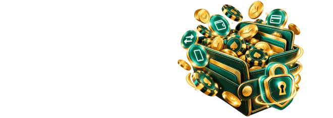 Green and gold treasure chest with a padlock, payment icons, casino chips and gold coins
