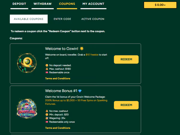 Ozwin Casino free chip coupon