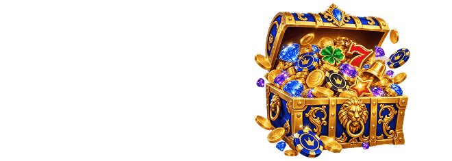 Ornate treasure chest with a lion emblem, packed with gold coins, chips and sparkling gems