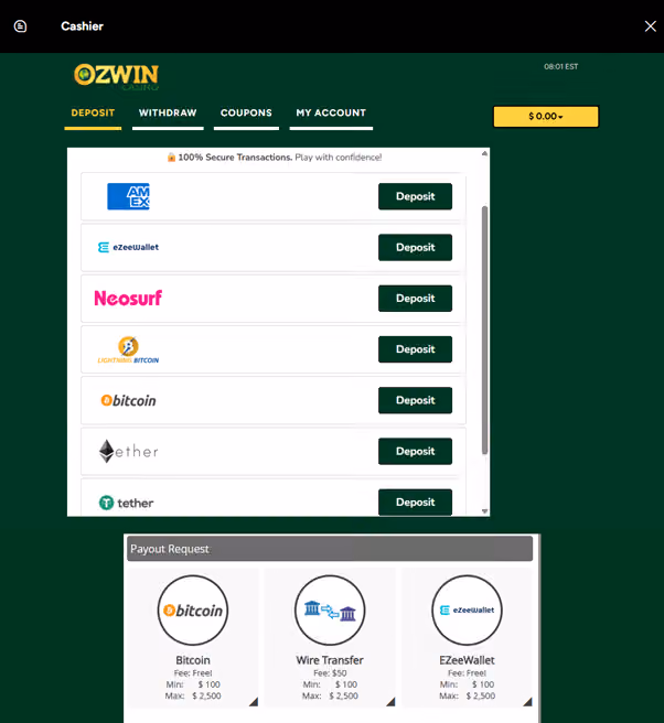 Ozwin Casino coupons