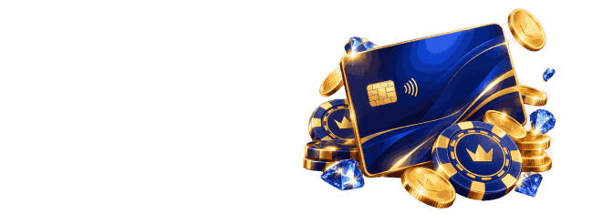 Dark blue bank card with a gold chip lying on casino chips and gold coins