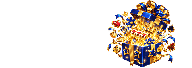 Blue and gold gift box overflowing with 777 reels, poker chips, dice and gold coins