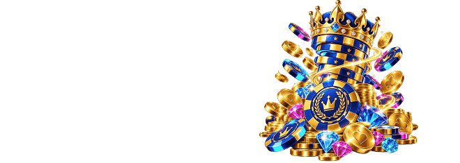 Golden crown resting on a tall stack of blue casino chips with coins and colorful gems