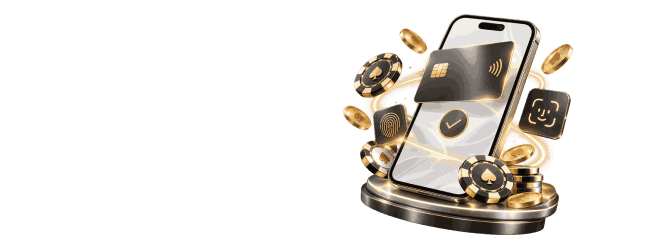 White smartphone with a black bank card, Face ID icon, casino chips and gold coins