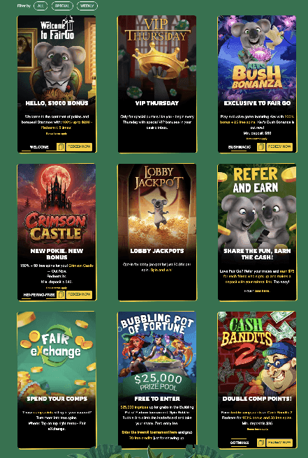 Fair Go Casino promotions page with bonuses and free spins offers