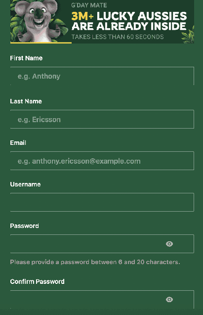 Fair Go Casino registration form