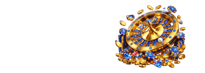 Golden roulette wheel with a white ball, surrounded by stacks of casino chips, gold coins and blue gems