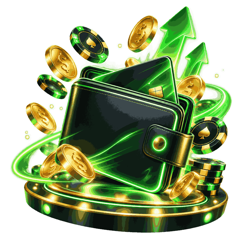 Secure e-wallet for online casino payments filled with gold coins, poker chips, digital payment icons and a security lock.