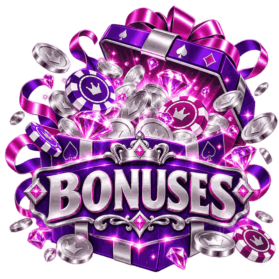 Online casino bonuses illustration with a purple gift box, silver coins, pink diamonds and colorful casino chips
