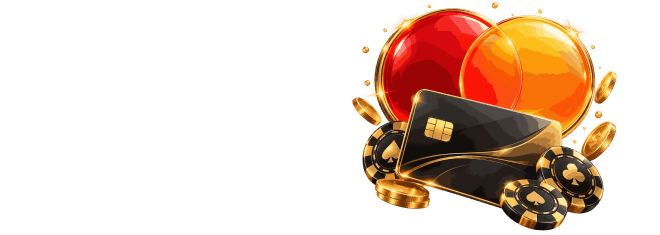 Black bank card in front of red and orange circles with gold coins and poker chips