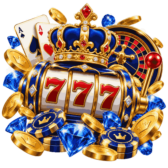 Online casino free spins illustration with a royal slot machine, roulette wheel, playing cards, gold coins and blue diamonds