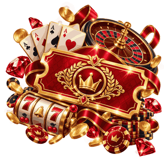 50 free spins casino bonus illustration with a red and gold reward ticket, roulette wheel, playing cards and slot reels.