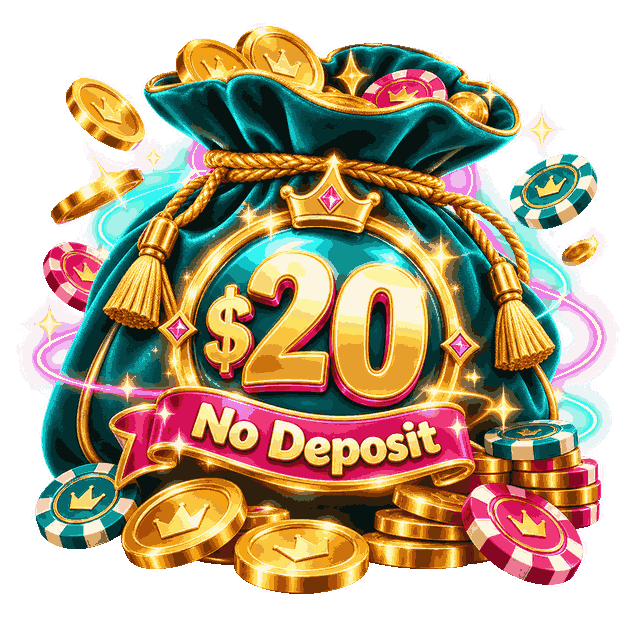 $20 no deposit casino bonus money bag with gold coins, colorful poker chips and a pink bonus ribbon
