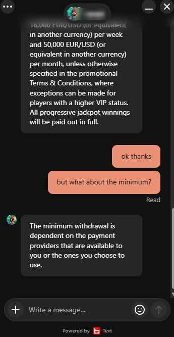 National Casino live chat on minimum withdrawal