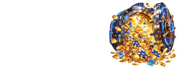 Open round bank vault door with piles of gold coins, casino chips and blue gemstones