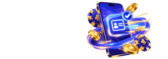 Glowing smartphone showing a digital ID card with a checkmark, coins and casino chips