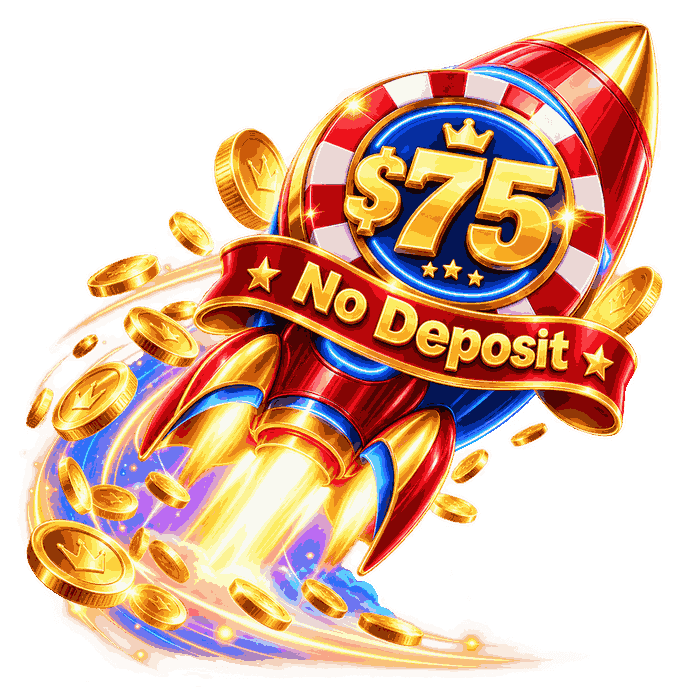 $75 no deposit casino bonus rocket with a golden reward badge, flying coins and glowing jackpot effects