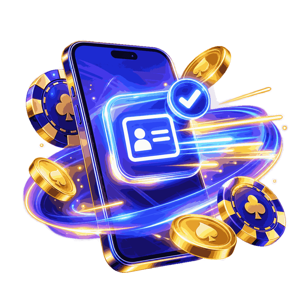 PayID casino payment illustration with a smartphone, digital identification symbol, verification checkmark and gold coins.