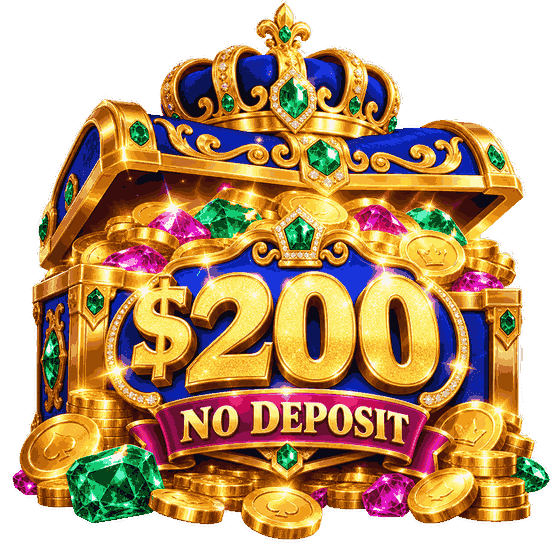$200 no deposit casino bonus treasure chest with a royal crown, gold coins, emeralds and sparkling gemstones