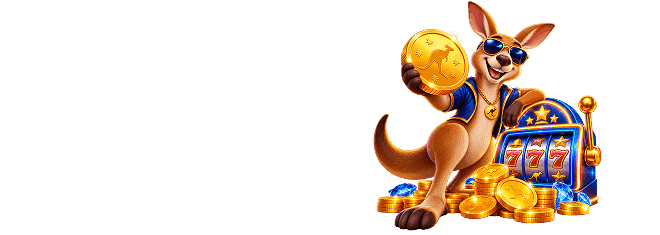 Cartoon kangaroo in sunglasses holding a gold coin next to a 777 pokies machine and stacks of coins