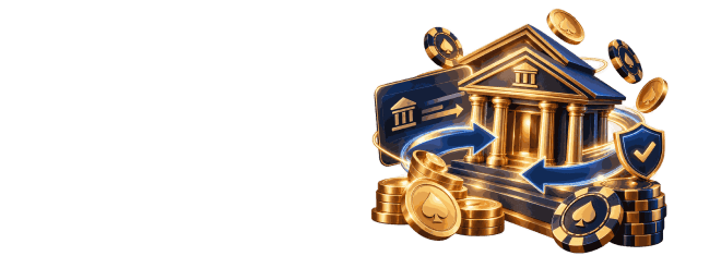 Golden bank building with blue transfer arrows, stacks of coins and poker chips